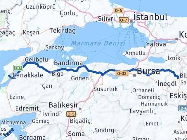 Bilecik Eceabat Çanakkale Arası Kaç Km - Yol Haritası