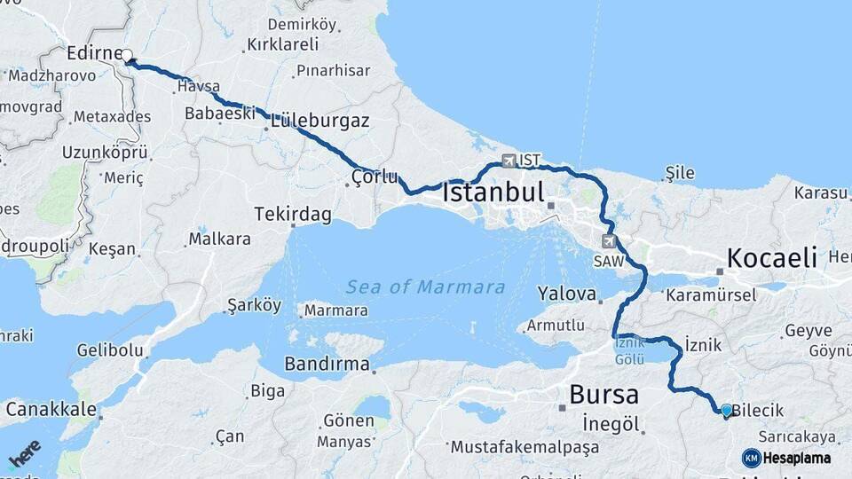 Bilecik Edirne Arası Kaç Km - Yol Haritası
