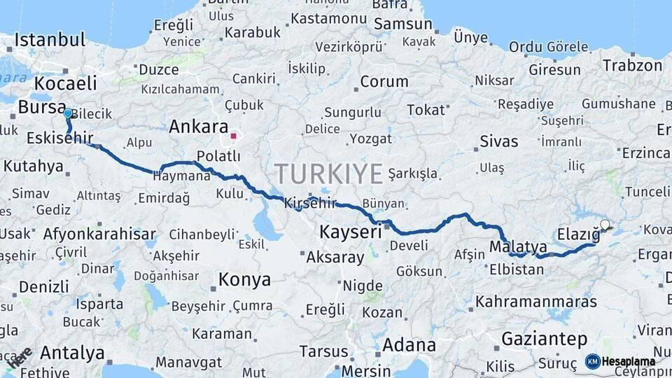 Bilecik Elazığ Arası Kaç Km - Yol Haritası