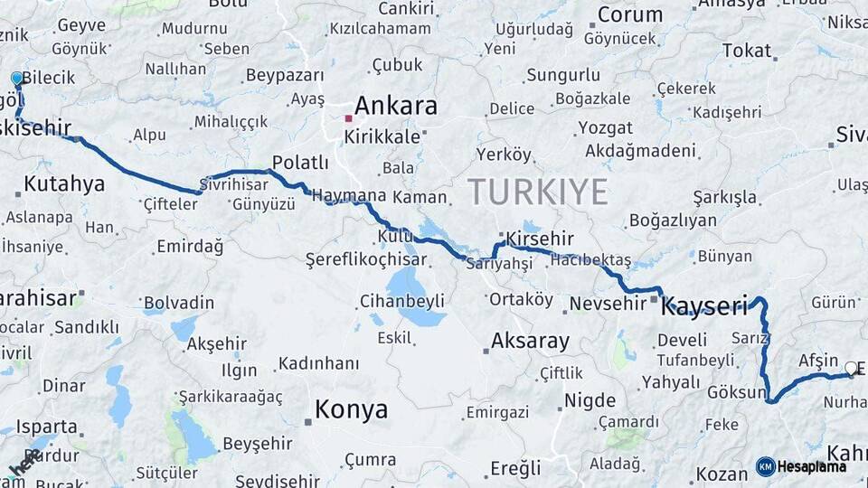 Bilecik Elbistan Kahramanmaraş Arası Kaç Km - Yol Haritası