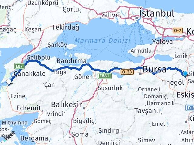 Bilecik Erenköy Çanakkale Arası Kaç Km - Yol Haritası