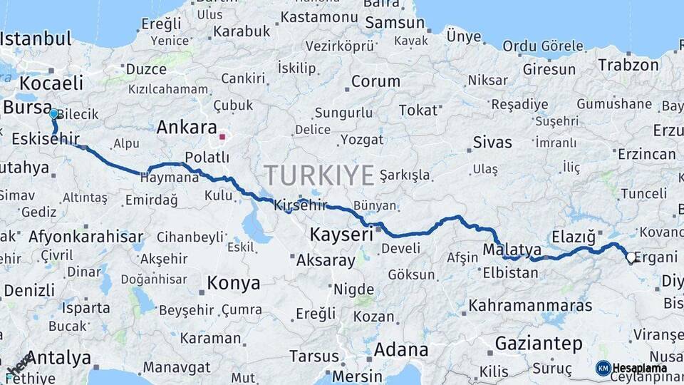 Bilecik Ergani Diyarbakır Arası Kaç Km - Yol Haritası