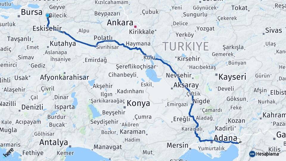 Bilecik Erzin Hatay Arası Kaç Km - Yol Haritası