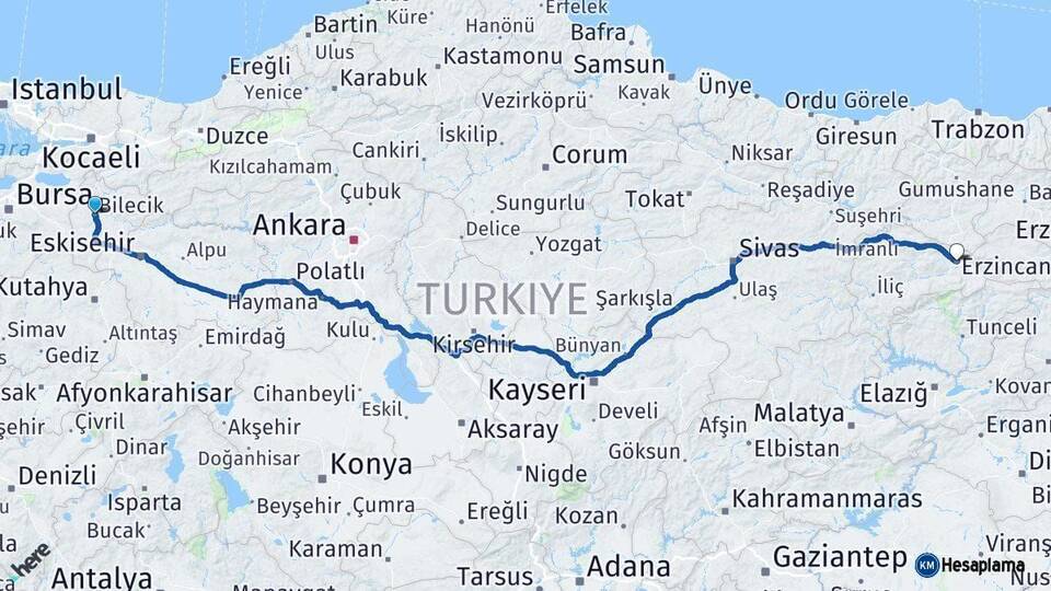 Bilecik Erzincan Arası Kaç Km - Yol Haritası