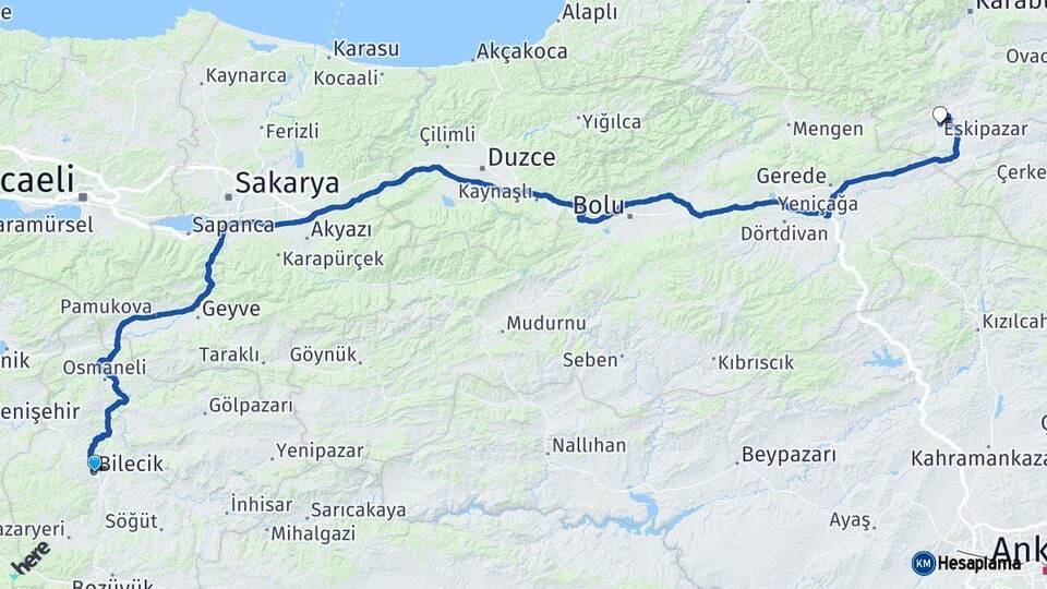 Bilecik Eskipazar Karabük Arası Kaç Km - Yol Haritası