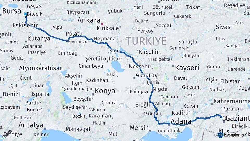 Bilecik Gaziantep Arası Kaç Km - Yol Haritası