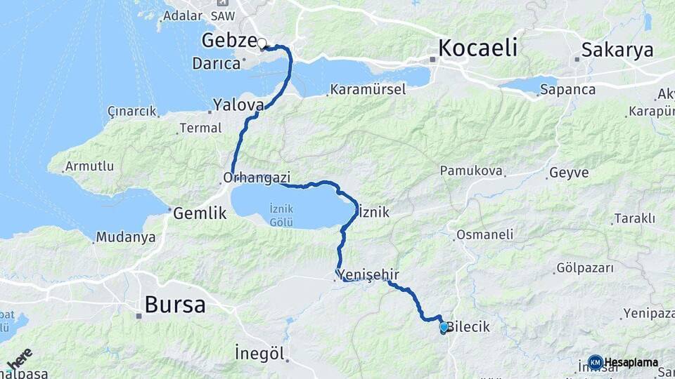 Bilecik Gebze Kocaeli Arası Kaç Km - Yol Haritası