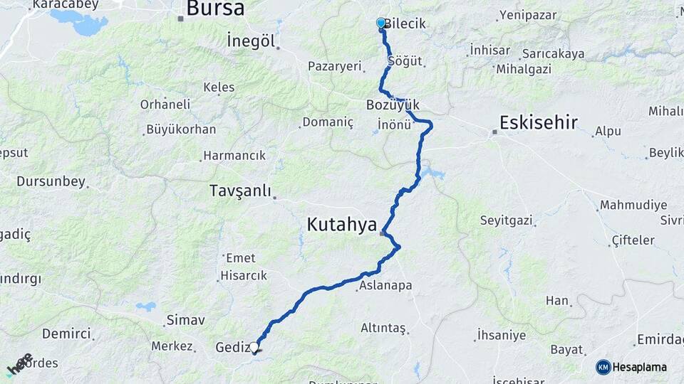 Bilecik Gediz Kütahya Arası Kaç Km - Yol Haritası