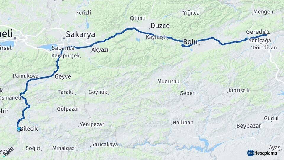 Bilecik Gerede Bolu Arası Kaç Km - Yol Haritası