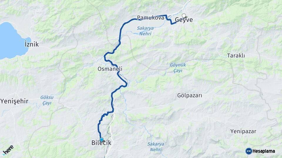 Bilecik Geyve Sakarya Arası Kaç Km - Yol Haritası