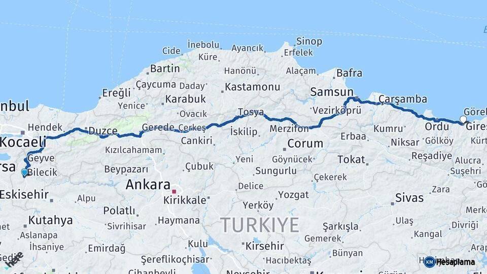Bilecik Giresun Arası Kaç Km - Yol Haritası