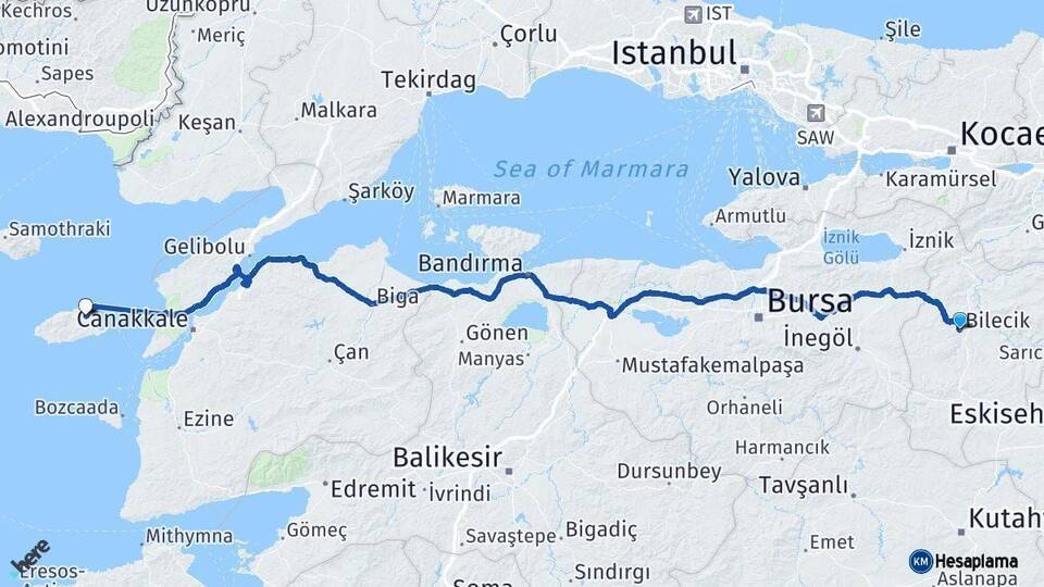 Bilecik Gökçeada Çanakkale Arası Kaç Km - Yol Haritası