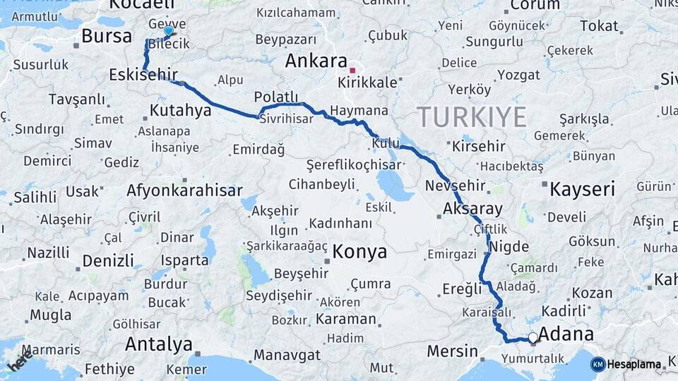 Bilecik Gölpazarı Adana Arası Kaç Km - Yol Haritası
