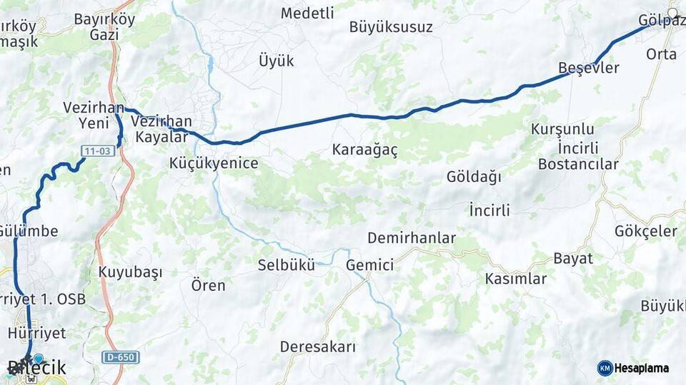 Bilecik Gölpazarı Arası Kaç Km - Yol Haritası