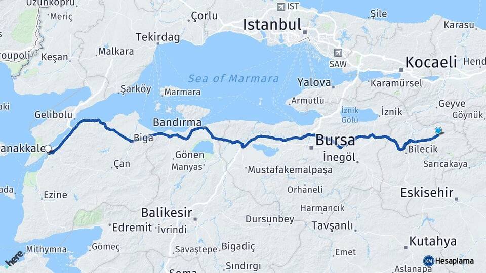 Bilecik Gölpazarı Çanakkale Arası Kaç Km - Yol Haritası