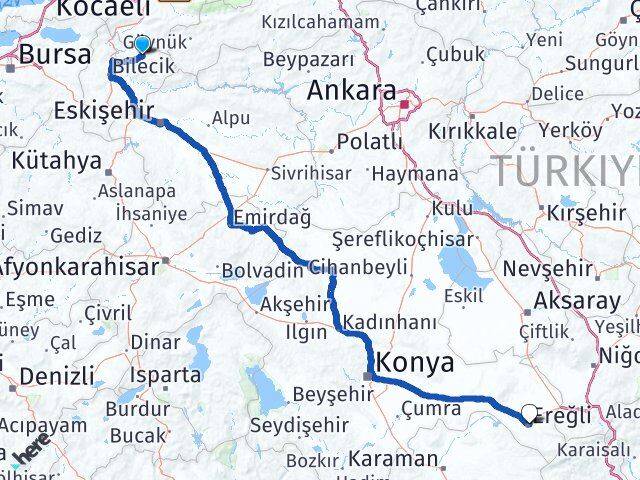 Bilecik Gölpazarı Ereğli Konya Arası Kaç Km - Yol Haritası