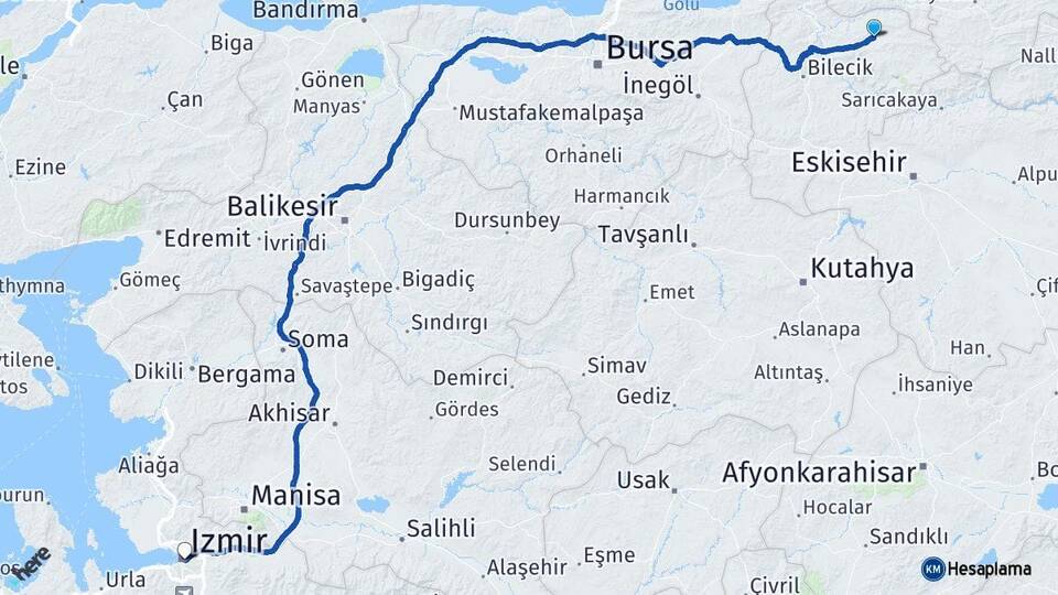 Bilecik Gölpazarı İzmir Arası Kaç Km - Yol Haritası