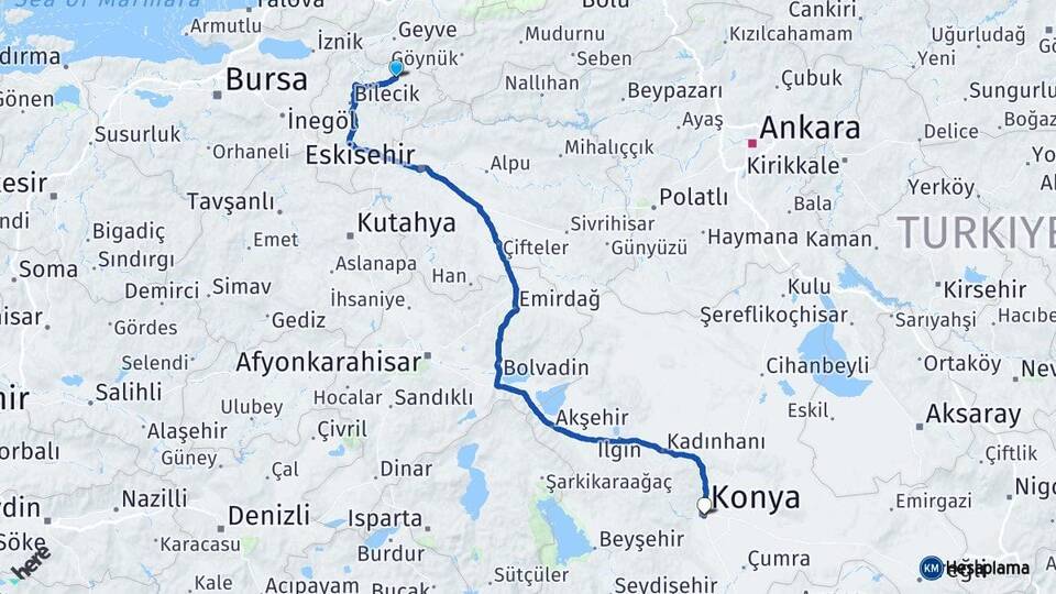 Bilecik Gölpazarı Konya Arası Kaç Km - Yol Haritası