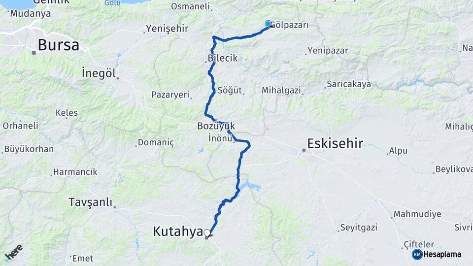 Bilecik Gölpazarı Kütahya Arası Kaç Km - Yol Haritası