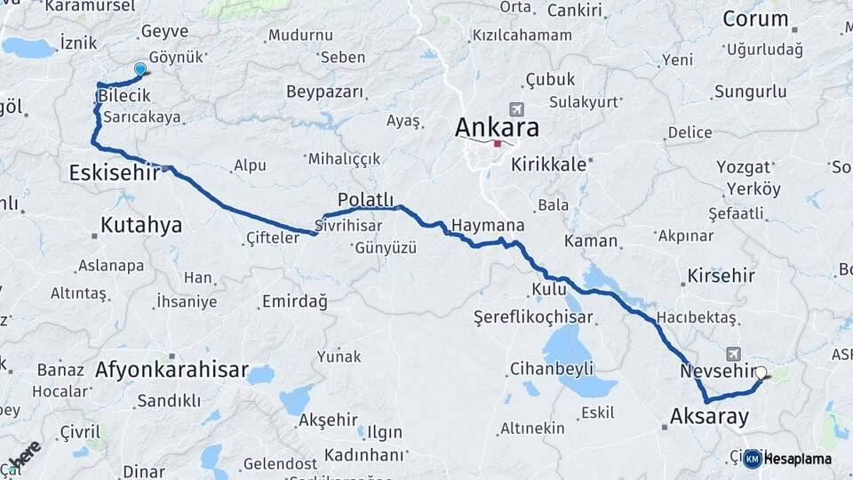 Bilecik Gölpazarı Nevşehir Arası Kaç Km - Yol Haritası