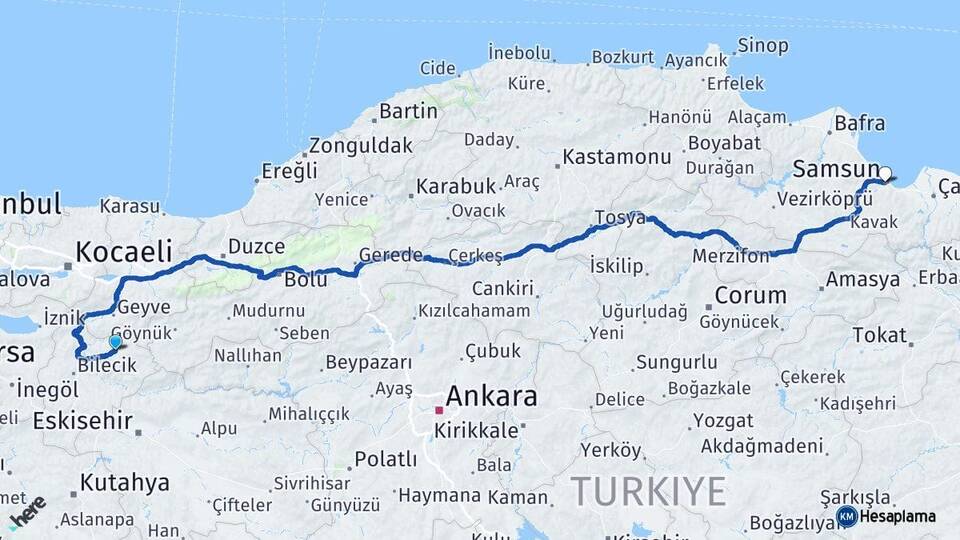 Bilecik Gölpazarı Samsun Arası Kaç Km - Yol Haritası