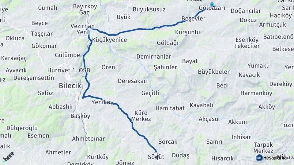 Bilecik Gölpazarı Söğüt Arası Kaç Km - Yol Haritası