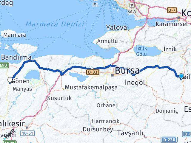Bilecik Gönen Balıkesir Arası Kaç Km - Yol Haritası