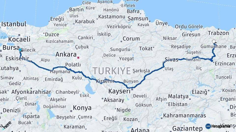 Bilecik Gümüşhane Arası Kaç Km - Yol Haritası