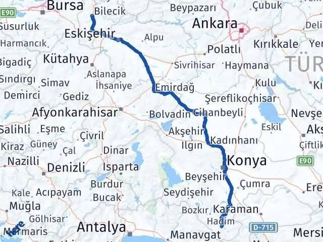 Bilecik Hadim Konya Arası Kaç Km - Yol Haritası