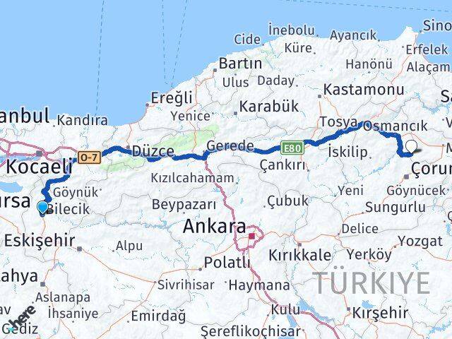 Bilecik Hamamözü Amasya Arası Kaç Km - Yol Haritası
