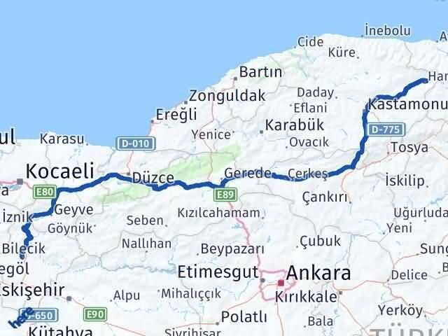 Bilecik Hanönü Kastamonu Arası Kaç Km - Yol Haritası