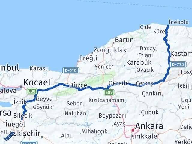 Bilecik İnebolu Kastamonu Arası Kaç Km - Yol Haritası