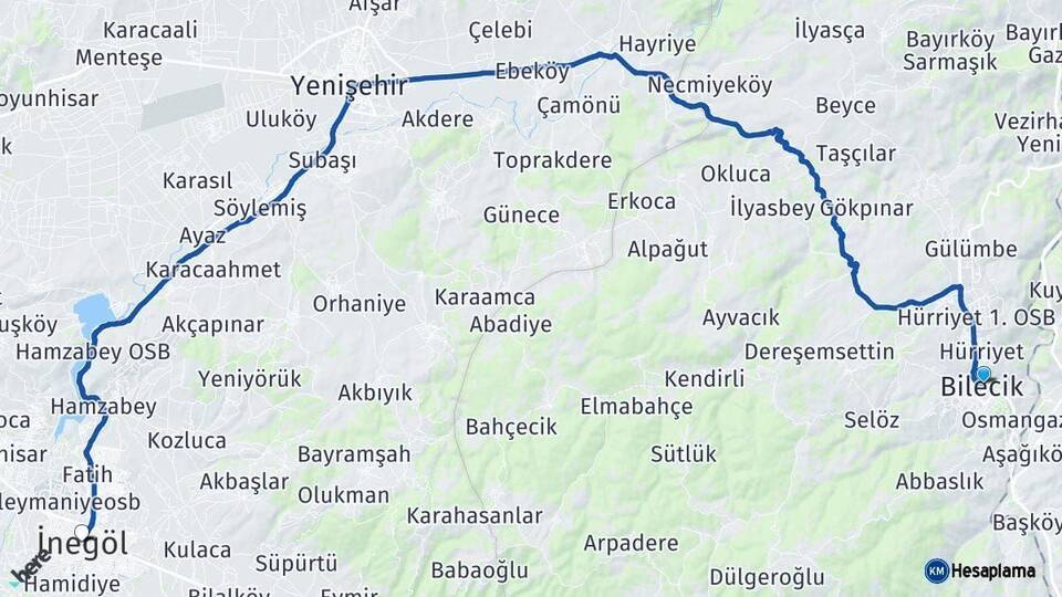 Bilecik İnegöl Bursa Arası Kaç Km - Yol Haritası