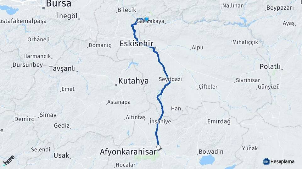 Bilecik İnhisar Afyonkarahisar Arası Kaç Km - Yol Haritası