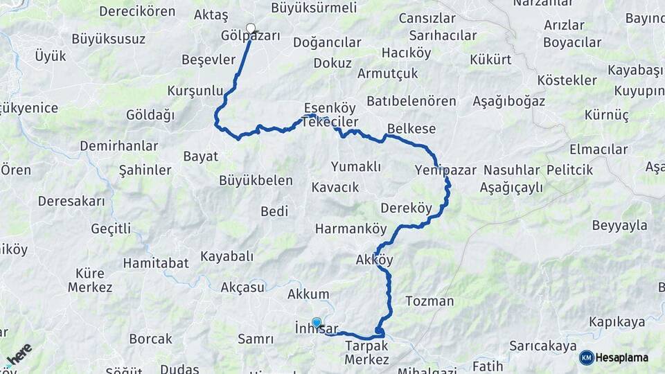 Bilecik İnhisar Gölpazarı Arası Kaç Km - Yol Haritası