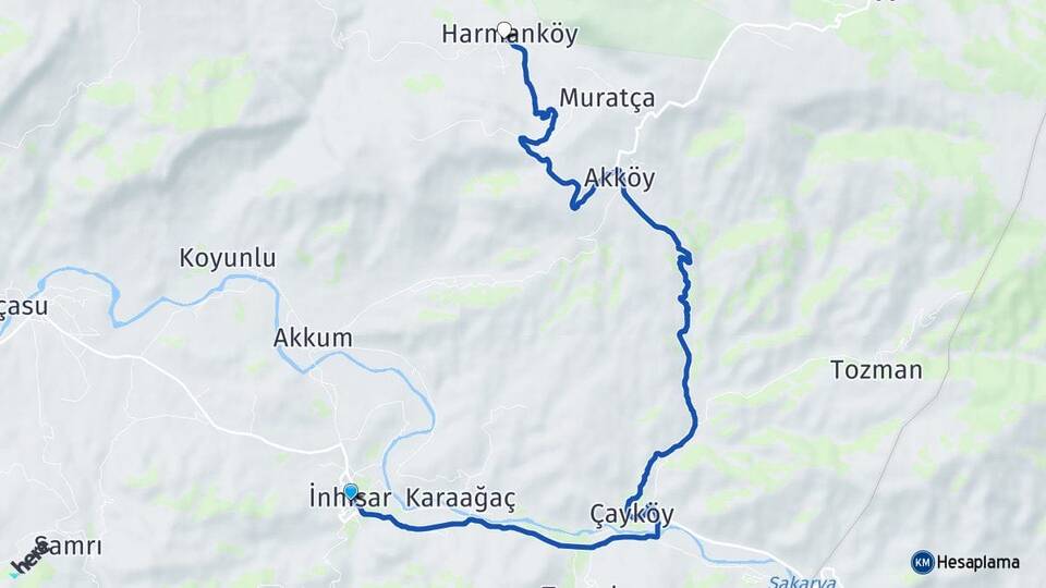 Bilecik İnhisar Harmanköy İnhisar Arası Kaç Km - Yol Haritası