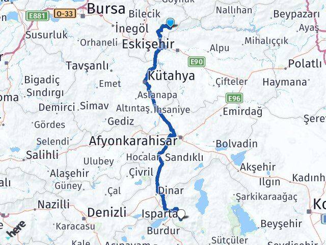 Bilecik İnhisar Isparta Arası Kaç Km - Yol Haritası