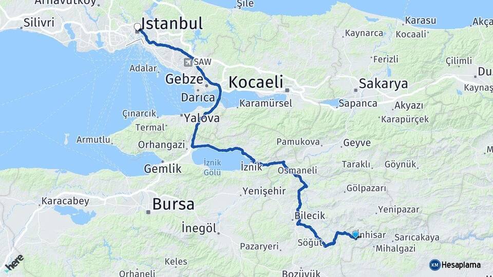Bilecik İnhisar İstanbul Arası Kaç Km - Yol Haritası
