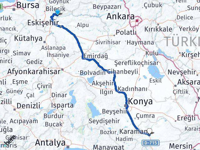 Bilecik İnhisar Karaman Arası Kaç Km - Yol Haritası
