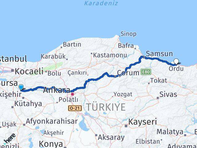 Bilecik İnhisar Ordu Arası Kaç Km - Yol Haritası