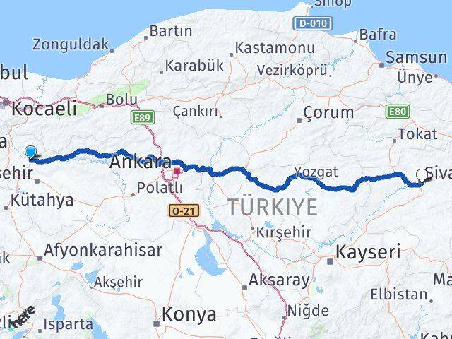 Bilecik İnhisar Sivas Arası Kaç Km - Yol Haritası