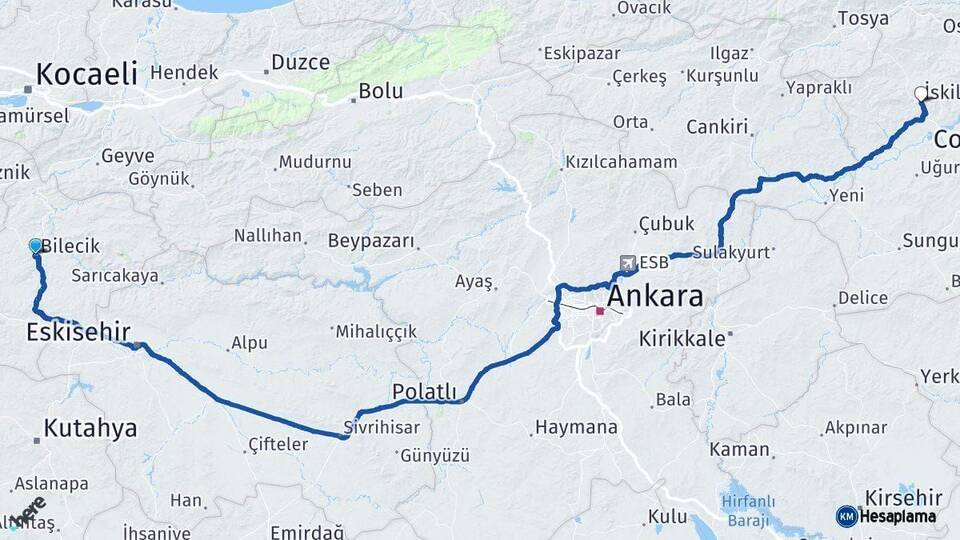 Bilecik İskilip Çorum Arası Kaç Km - Yol Haritası