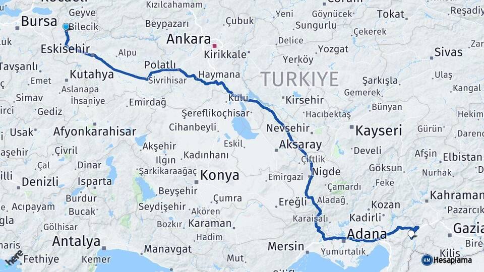 Bilecik İslahiye Gaziantep Arası Kaç Km - Yol Haritası