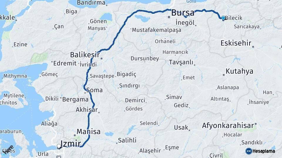 Bilecik İzmir Arası Kaç Km - Yol Haritası