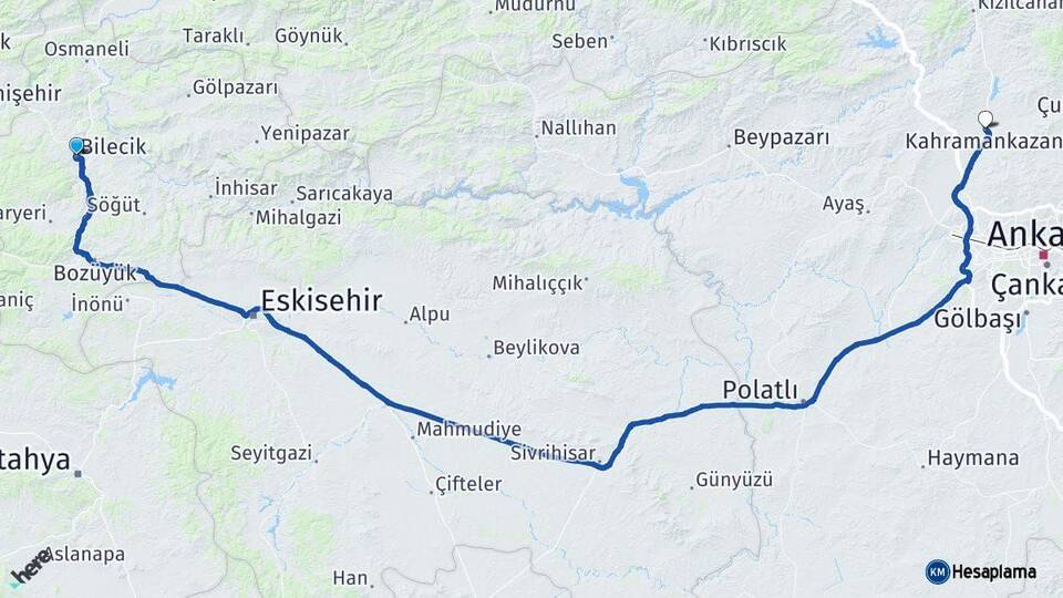Bilecik Kahramankazan Ankara Arası Kaç Km - Yol Haritası