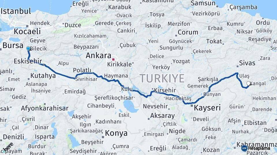 Bilecik Kangal Arası Kaç Km - Yol Tarifi