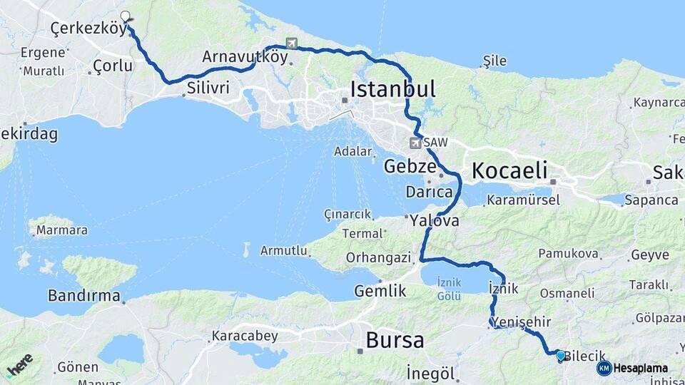 Bilecik Kapaklı Tekirdağ Arası Kaç Km - Yol Haritası