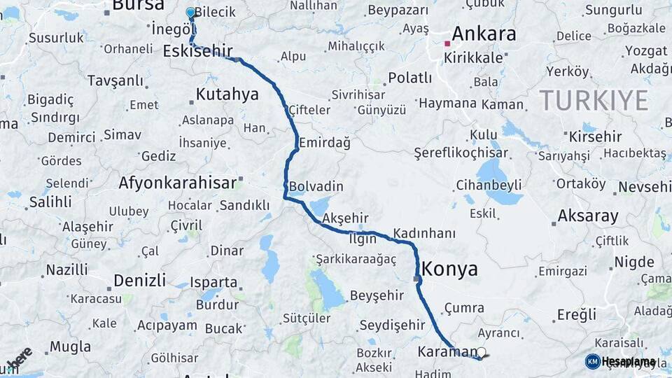 Bilecik Karaman Arası Kaç Km - Yol Haritası