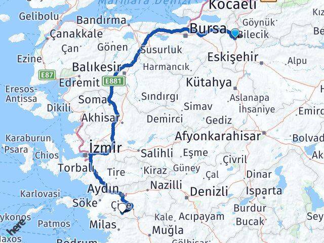 Bilecik Karpuzlu Aydın Arası Kaç Km - Yol Haritası