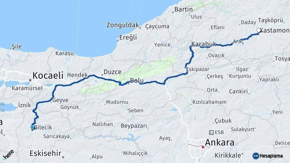 Bilecik Kastamonu Arası Kaç Km - Yol Haritası